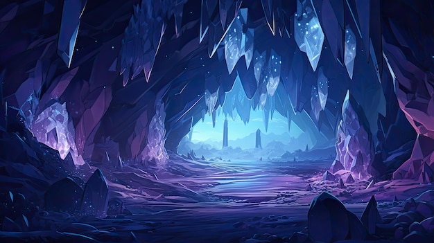 una ilustración de una cueva de hielo con una luz azul y un fondo violeta.