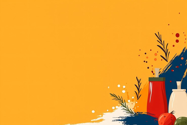 Ilustración culinaria abstracta con botellas y verduras