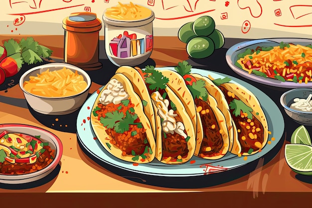 Ilustración de la cultura alimentaria mexicana de los tacos