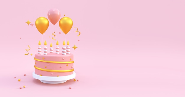 Foto ilustración de cumpleaños feliz con pastel rosado y globos 3d