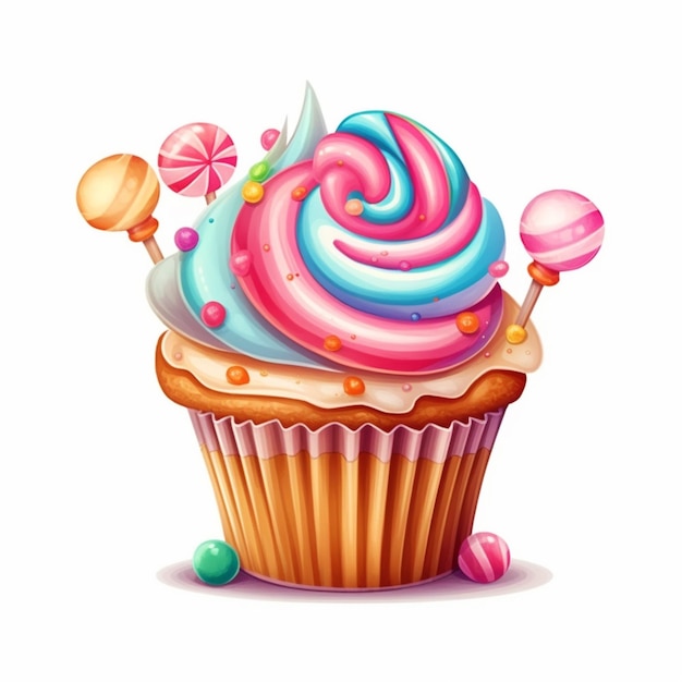 Ilustración de un cupcake con glaseado en forma de remolino y dulces ai generativo