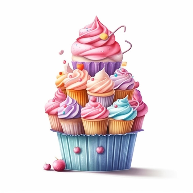 ilustración de un cupcake con glaseado rosa y azul y chispitas ai generativo