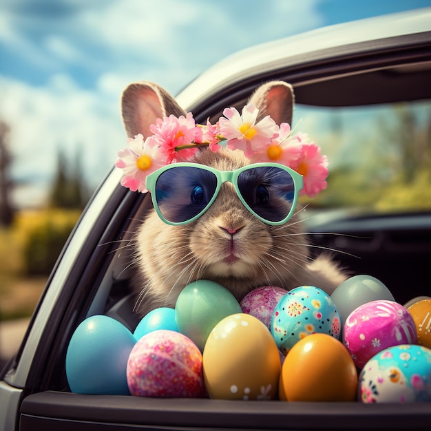 ilustración de Cute Easter Bunny con gafas de sol mirando fuera de Generative ai