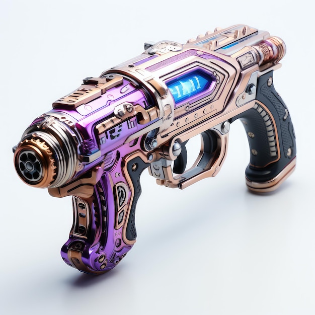 ilustración cyberpunk arma láser blindada con color azul púrpura en realidad aumentada