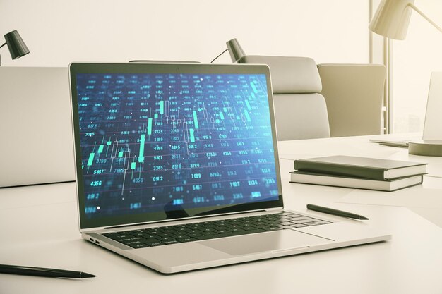 Ilustración de datos estadísticos en el moderno concepto de análisis e informática de monitores portátiles Representación 3D