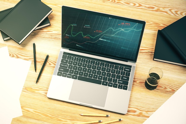 Ilustración de datos estadísticos en el moderno concepto de análisis e informática de monitores portátiles Representación 3D