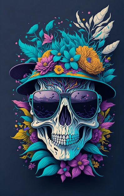 Foto ilustración de un dead skull con un sombrero de moda, gafas de sol y una camiseta.