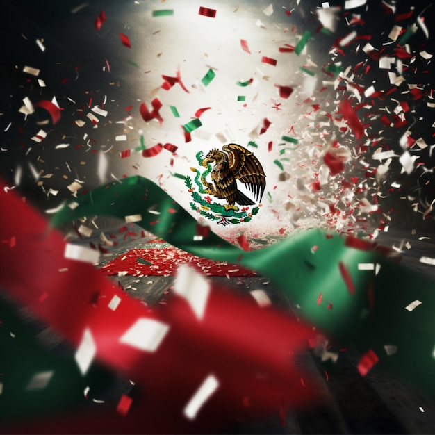 Ilustración de la decoración de la bandera nacional ondulada de México con confeti