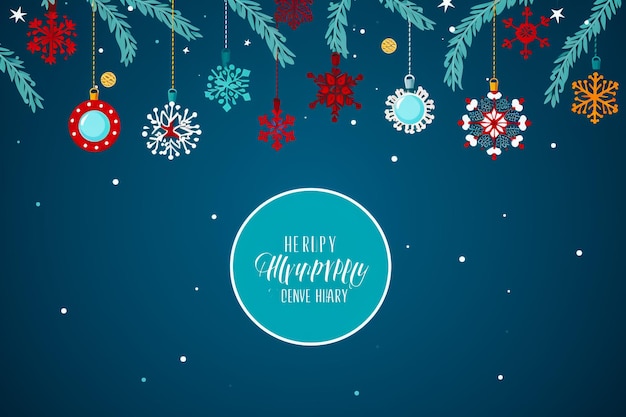 Ilustración con decoraciones de árbol de Navidad y copos de nieve en fondo azul
