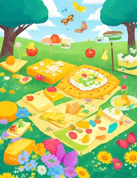 ilustración de deliciosas lonchas de queso en un exuberante prado