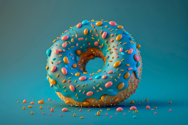 Una ilustración de un delicioso donut con chispas y glaseado, sobre un fondo azul pastel suave y soñador, composición lúdica perfecta para los amantes de la comida y los donuts. creado con Generati