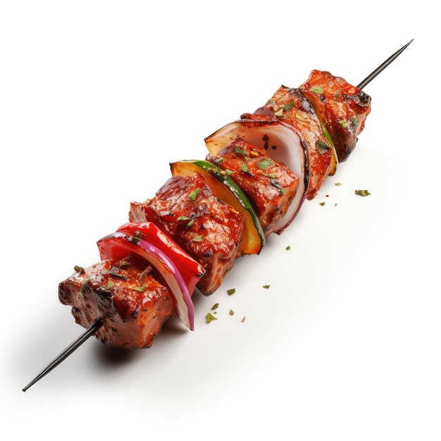 Ilustración delicioso kebab a la parrilla con cebolla y pimentón en un entorno blanco