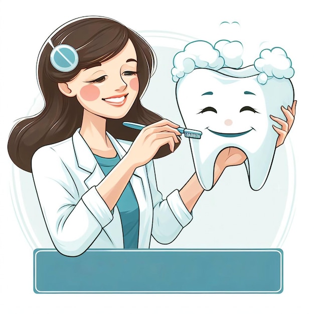 Ilustración de una dentista que se cepilla un diente grande en la mano