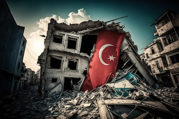 Foto una ilustración del desastre del terremoto de turquía con la bandera simboliza el reciente terremoto y la calamidad que azotó a este país ai generativo