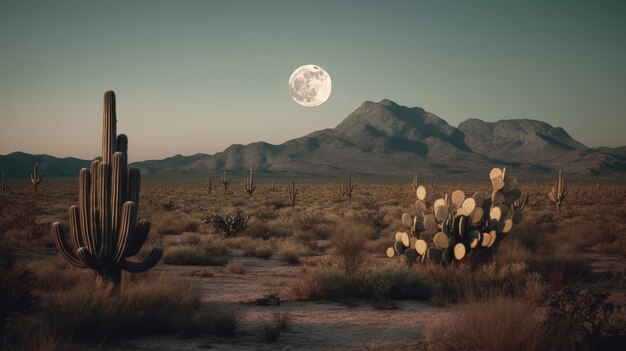 Ilustración en el desierto árido con luna llena