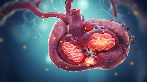 Ilustración detallada en 3D de la anatomía del páncreas humano que revela las estructuras y funciones internas