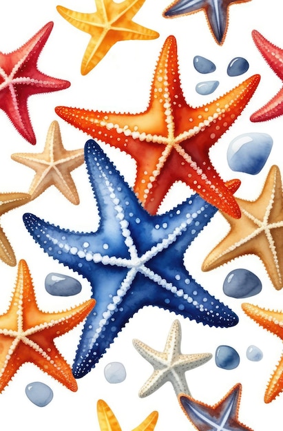 Ilustración detallada en acuarela dibujada a mano de estrellas de mar en fondo blanco vida silvestre marina