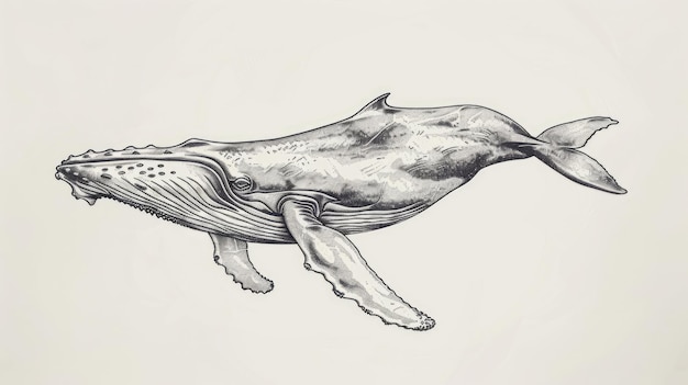 Foto ilustración detallada en blanco y negro de una ballena jorobada perfecta para materiales educativos o campañas de conservación marina