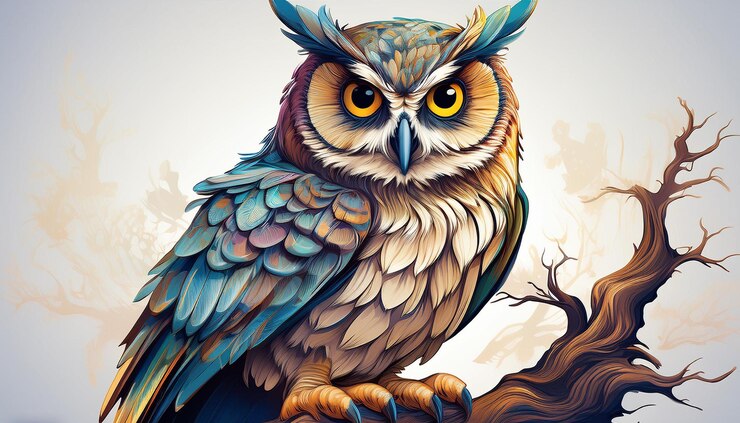 Ilustración detallada de un búho sentado en una rama