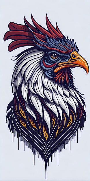 Una ilustración detallada de una cabeza de gallo vintage con plumas brillantes híbridas Griffin Arte digital