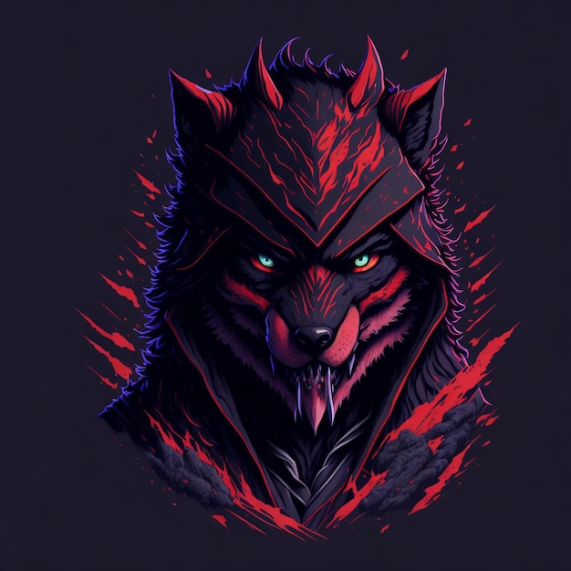 Una ilustración detallada cara rugido lobo ninja rojo