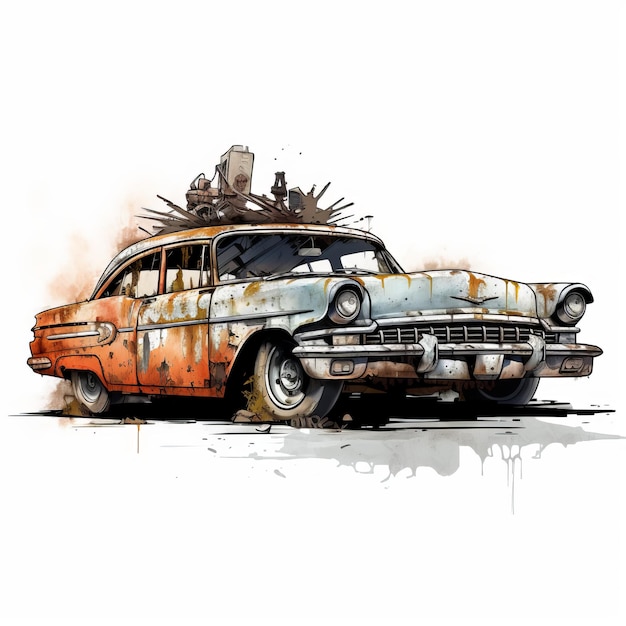 Ilustración detallada de un coche oxidado apocalíptico