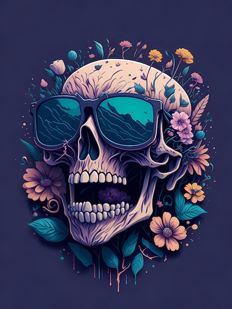 Una ilustración detallada de un cráneo muerto con gafas de sol de moda diseño de camiseta flores salpicadas