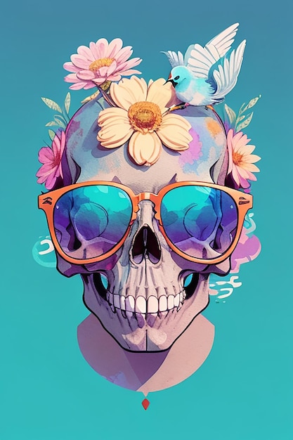 Foto una ilustración detallada de un cráneo muerto con gafas de sol de moda flores salpicadas de colores tetradicos pastel