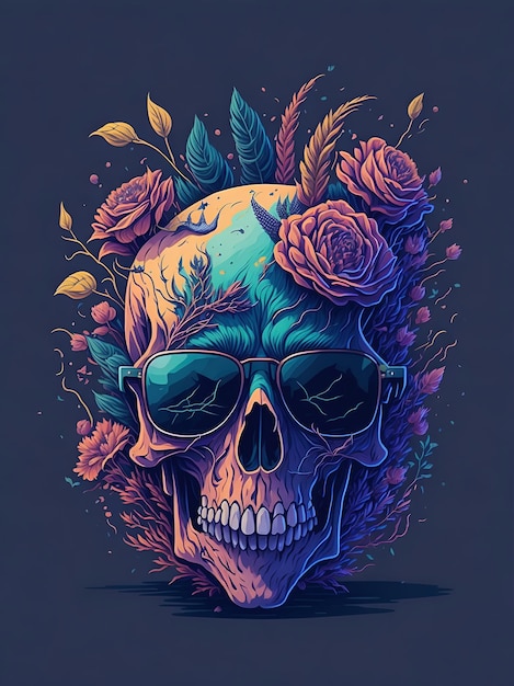 Una ilustración detallada de un cráneo muerto con gafas de sol modernas y salpicaduras de flores.