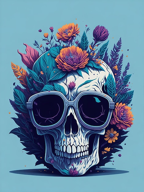 Una ilustración detallada de un Dead Skull usando gafas de sol de moda con salpicaduras de flores