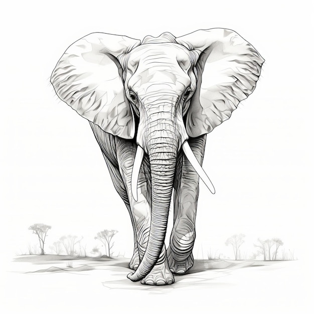 Ilustración detallada de un elefante blanco y negro sobre un fondo blanco