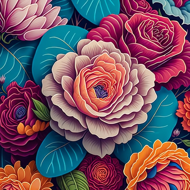 Ilustración detallada de flores detalles intrincados flores coloridas hojas colores brillantes papel tapiz