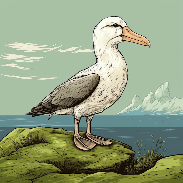 Ilustración detallada de una gaviota en una roca con montañas en el fondo