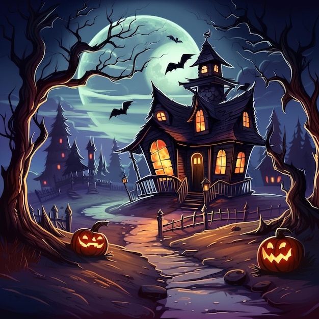 Ilustración detallada de Halloween de la Casa de los Monstruos y las calabazas