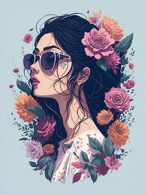 Foto una ilustración detallada de una hermosa mujer con gafas de sol de moda y salpicaduras de flores