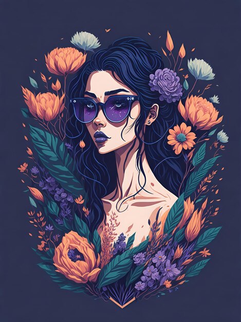 Una ilustración detallada de una hermosa mujer con gafas de sol de moda y salpicaduras de flores