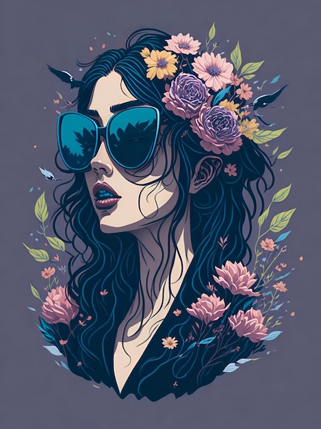 Una ilustración detallada de una hermosa mujer con gafas de sol de moda y salpicaduras de flores