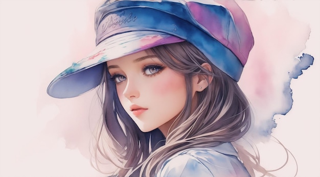 Una ilustración detallada de una hermosa niña con una gorra de acuarela por ai generativo
