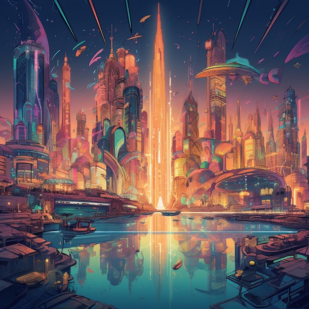 Ilustración detallada del horizonte de Dubai en una estética cyberpunk