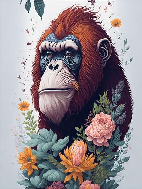 Una ilustración detallada una impresión de la cabeza de orangután vintage