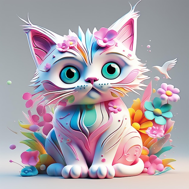 Una ilustración detallada de una impresión de un gato colorido una estatua de gato con flores generada por Ai