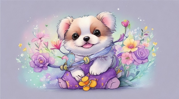 Una ilustración detallada de una impresión de un lindo cachorro de colores