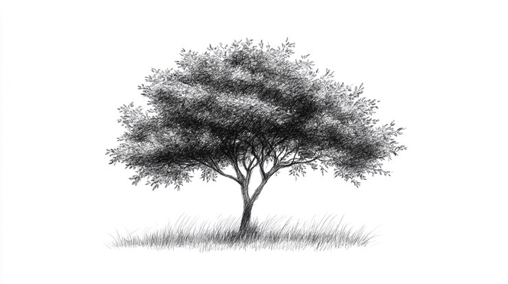 Una ilustración detallada a lápiz de un árbol solitario en medio de la hierba en un día tranquilo