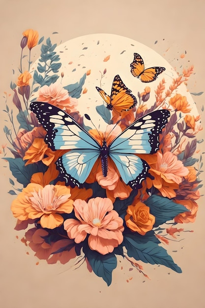 Una ilustración detallada de una mariposa con flores una bandera circular por encima de la mariposa