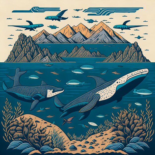 Una ilustración detallada de la península con lobos marinos y ballenas arte vectorial