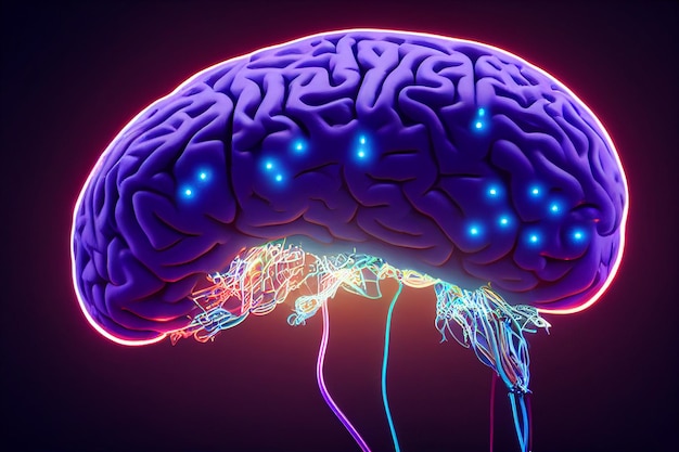 Ilustración detallada de una sinapsis cerebral de cerca luces de neón concepto médico de colores azul y púrpura