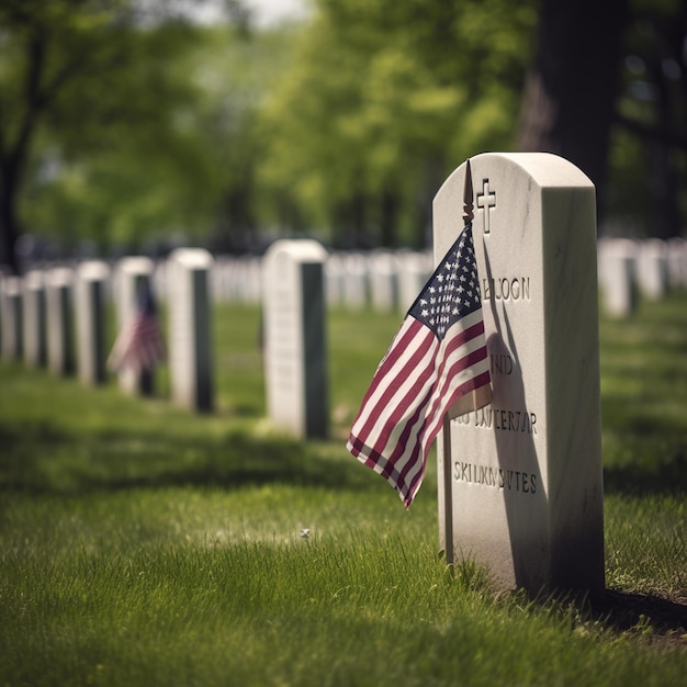 Ilustración del Día de los Caídos con bandera de Estados Unidos y lápida mortuoria Generativo ai