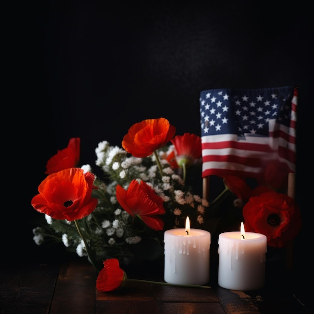 Ilustración del Día de los Caídos con bandera de Estados Unidos y vela Generativo ai