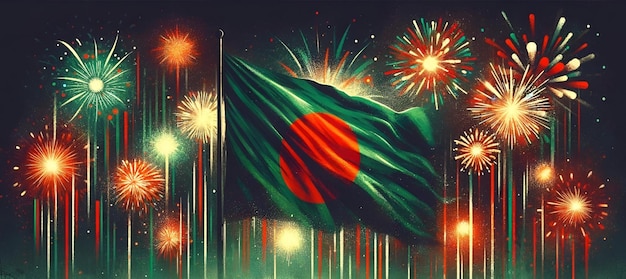 Ilustración para el día de la independencia de Bangladesh con fuegos artificiales y bandera ondeando