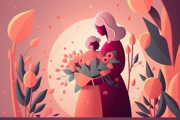 Ilustración del día de la madre abrazando a su hijo generado ai
